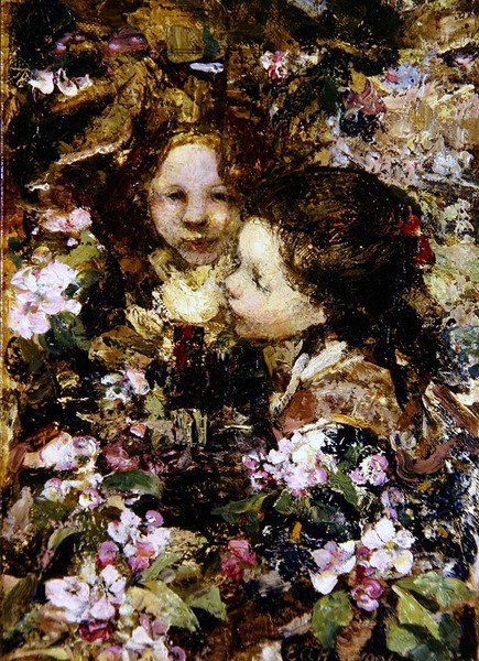 Two Girls Amongst Blossoms (olja på duk) av Edward Atkinson Hornel