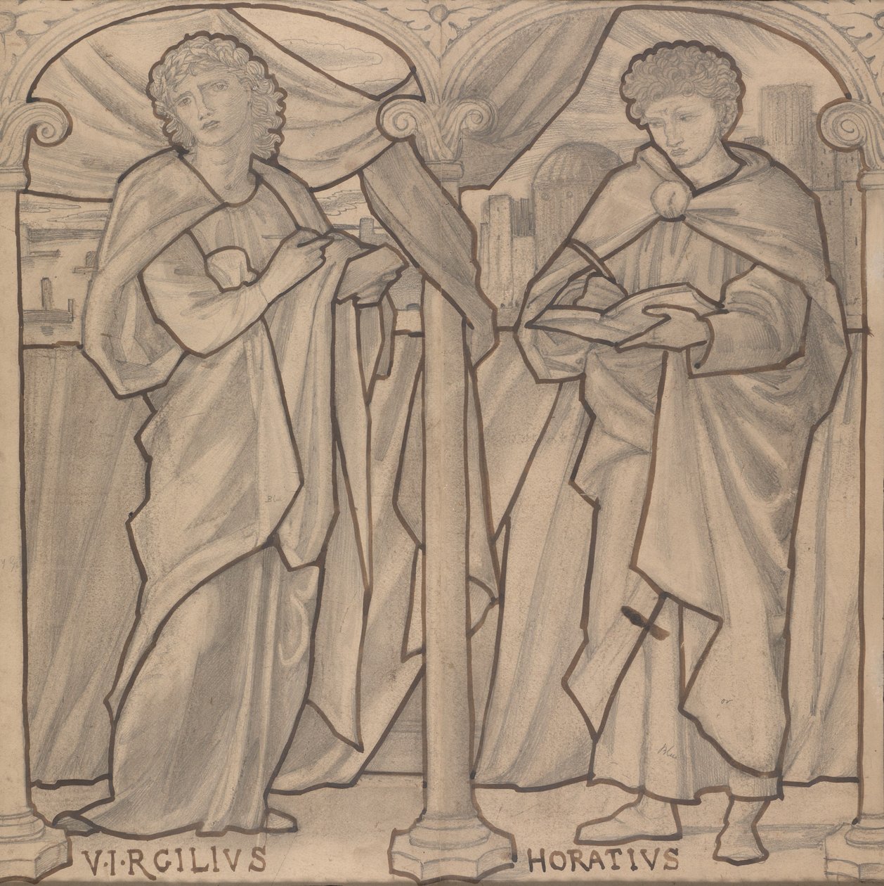 Förberedande design för ett målat glasfönster, Virgil och Horace av Edward Burne-Jones