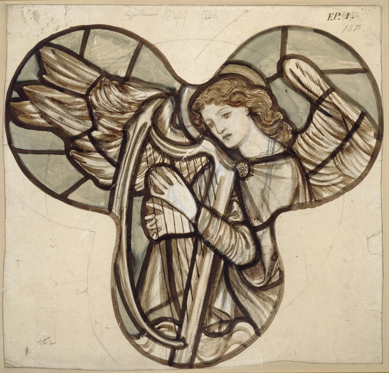 Design för målat glas i Lyndhurst Church: An Angel Harpist, 1862 (brunt och blått tvättar över grafit) av Edward Burne Jones