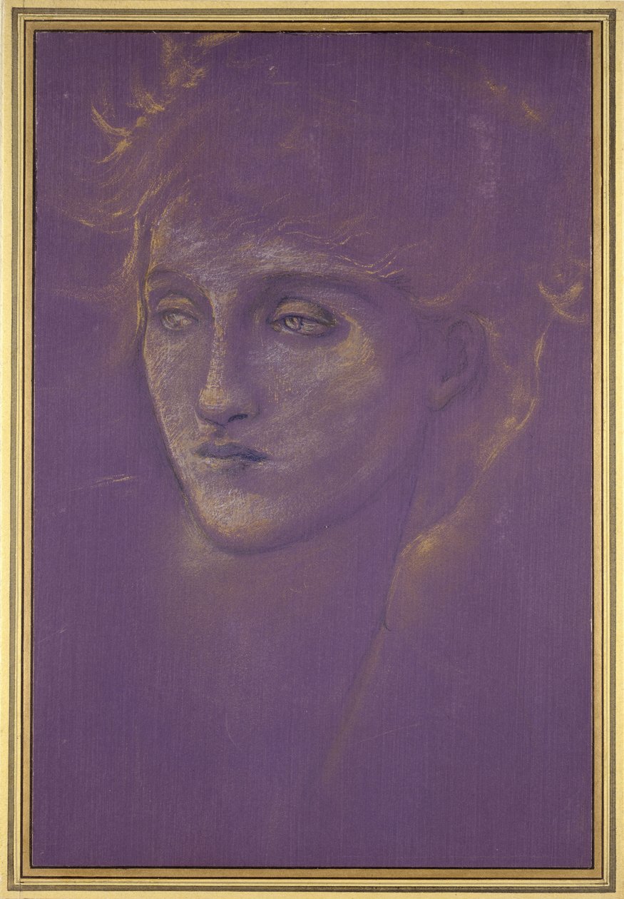 Head of a Woman, 1890-tal (guldfärg på lila botten) av Edward Burne Jones