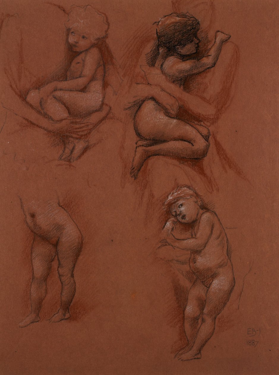 Studier av barn i deras mödrars famn, 1887 (svart, röd och vit krita på rött papper) av Edward Burne Jones