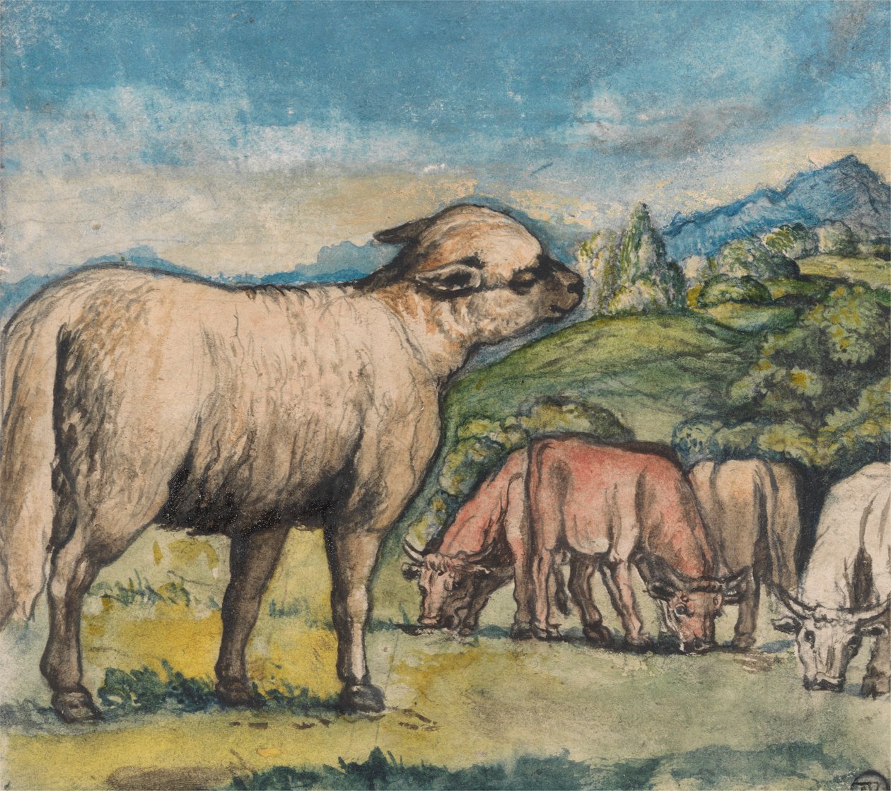 Lamm och oxar i ett pastoralt landskap av Edward Calvert