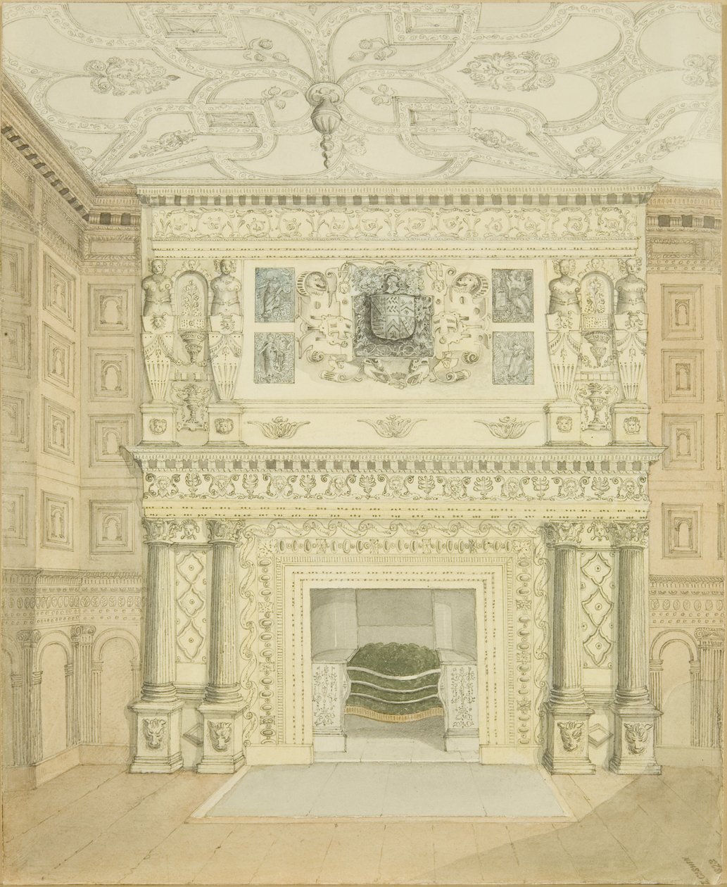 Skorstensstycke, Great Oak Room, Red Lodge (penna och akvarell på papper) av Edward Cashin