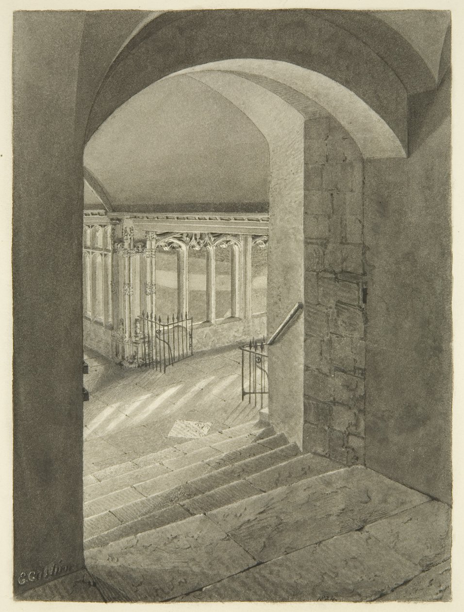 Ingång till Cloisters från Bristol Cathedral med Edward Birds grav (penna och akvarell på papper) av Edward Cashin