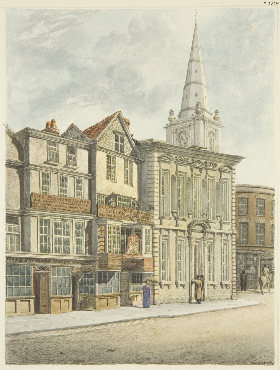 Old Council House, nedtaget 1824 (penna och akvarell på papper) av Edward Cashin