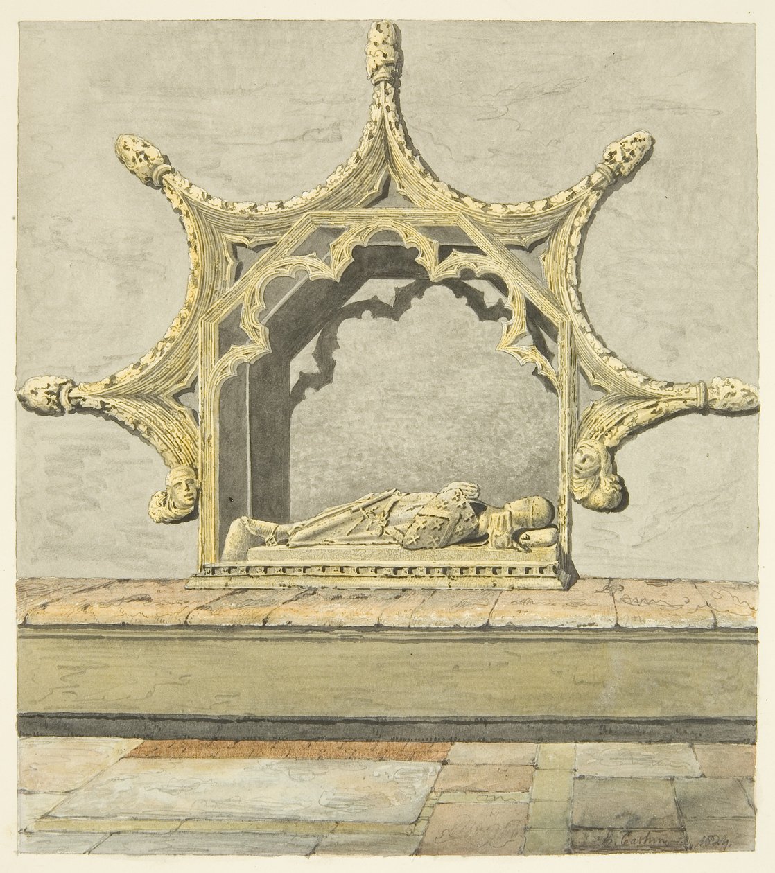 Tomb of Maurice, 7th Earl of Berkeley i Bristol Cathedral (penna och akvarell på papper) av Edward Cashin