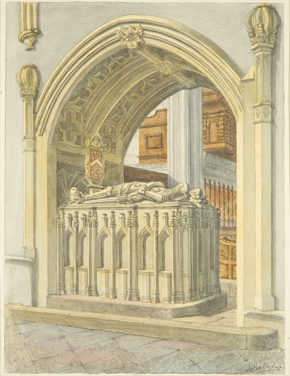 Tomb of Robert Fitzharding, död 1170, i Bristol Cathedral (penna och akvarell på papper) av Edward Cashin