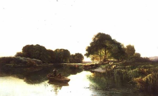 Ett flodlandskap med sportfiskare som fiskar av Edward Charles Williams