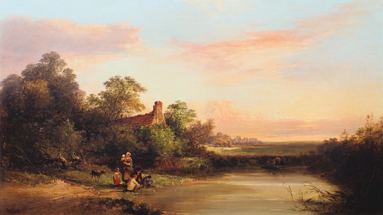 "Engelskt landskap med stuga och bäck", 1860 av Edward Charles Williams