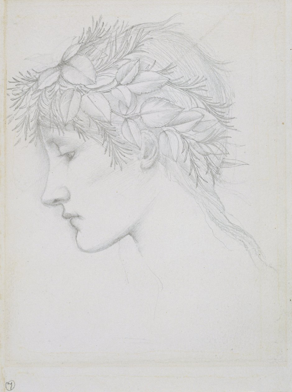 Huvud krönt med löv, ca 1897 (blyerts på papper) av Edward Coley Burne Jones