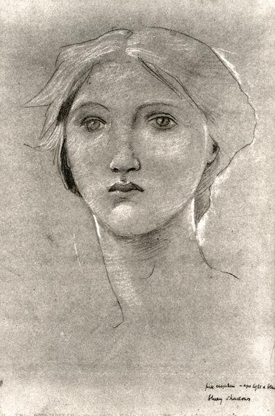 Head of a Girl, ca 1893-96 (krita med förhöjning på brunt veläng) (s/v foto) av Edward Coley Burne Jones