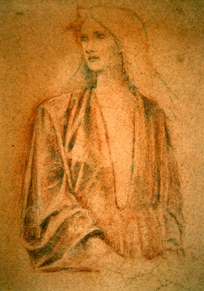 Porträtt av en flicka - Studie för Arthur i Avalon, ca 1890 (sanguine krita och blyerts på rött papper) av Edward Coley Burne Jones