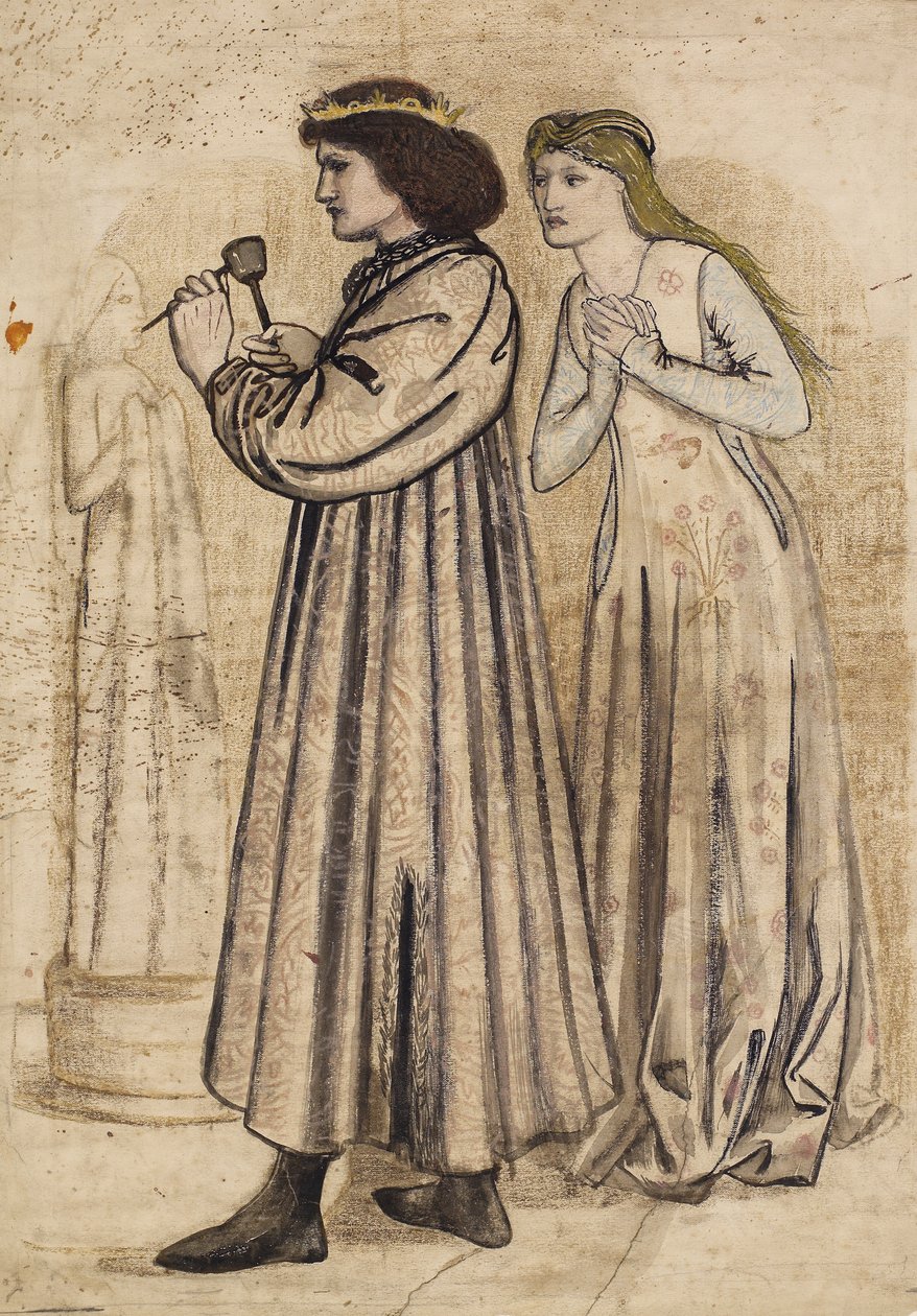 Scen av kung Rene som skulpterar en figur medan han betraktas av sin nya brud (penna & india bläck med tvätt och penna på papper) av Edward Coley Burne Jones