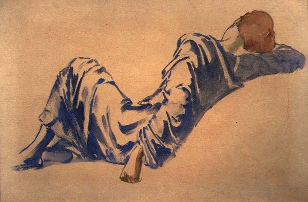 Study of a Sleeping Courtier för Briar Rose Series: The Council Room (akvarell med röd krita på papper) av Edward Coley Burne Jones