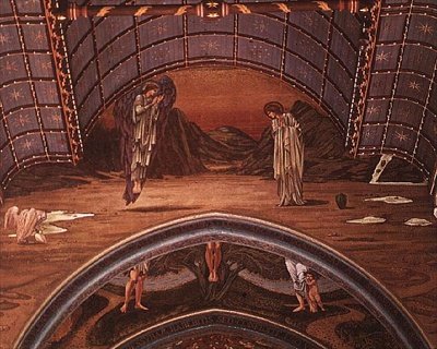 Bebådelsen och en del av en allegorisk korsfästelse av Edward Coley Burne Jones