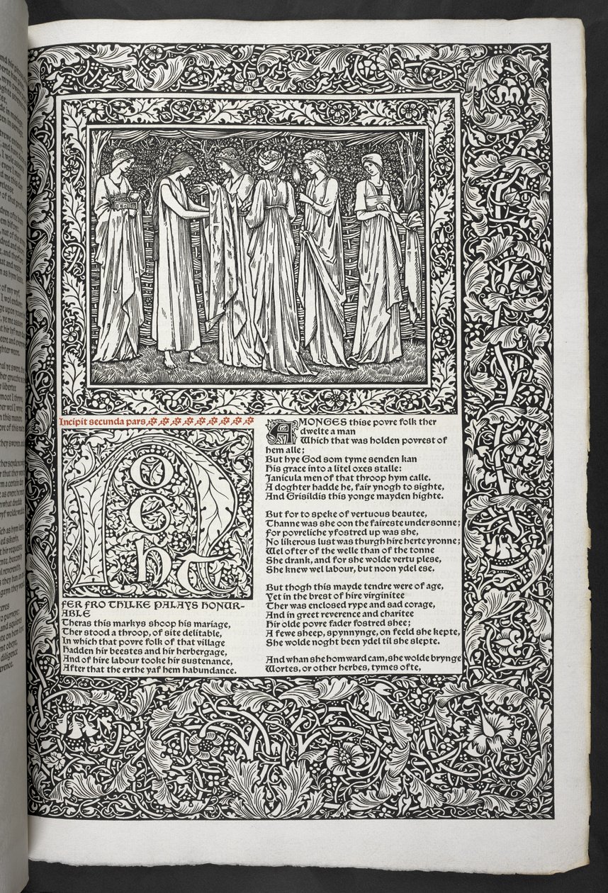 "The Works of Geoffrey Chaucer nu nytryckt med bilder designade av Sir Edward Burne-Jones" av Edward Coley Burne Jones