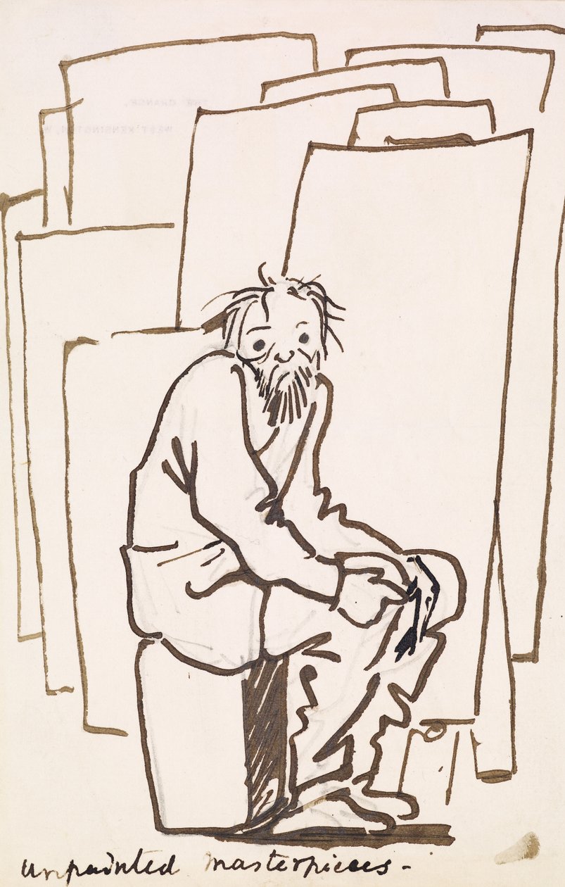 Omålade mästerverk (självkarikatyr) (penna och bläck på papper) av Edward Coley Burne Jones