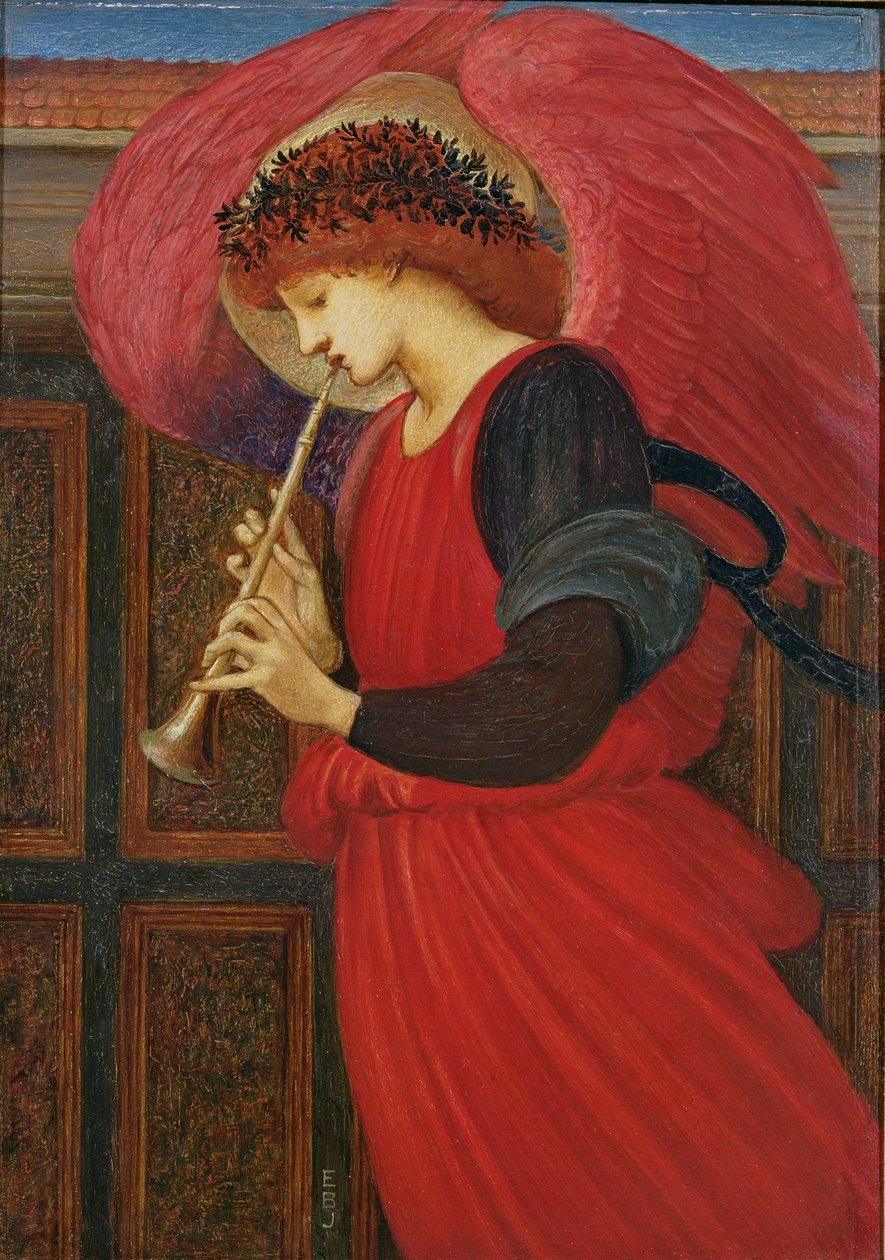 En ängel som spelar en Flageolet (olja på papper) av Edward Burne Jones