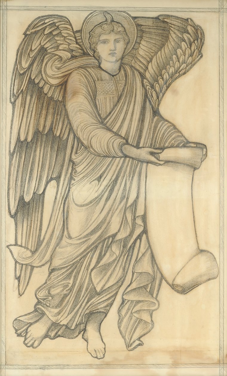 Ängel med rulla - figur nummer sex, 1880 (krita på papper) av Edward Burne Jones