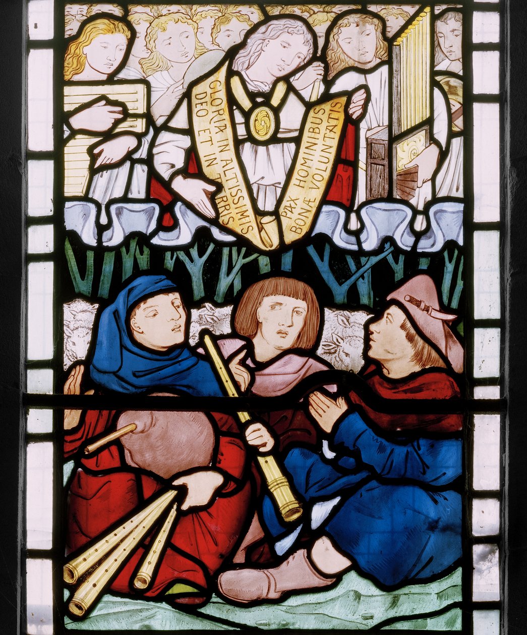 Bebådelse till herdarna, östfönster predella, 1864 (målat glas) av Edward Burne Jones