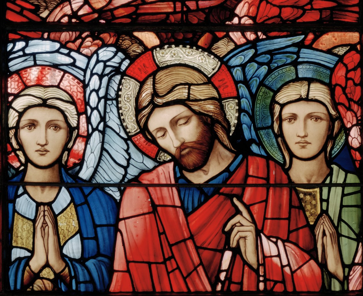 Kristus i majestät, skyddsänglar, serafer, ärkeänglar, detalj från Ascension-fönstret, 1885 (målat glas) av Edward Burne Jones