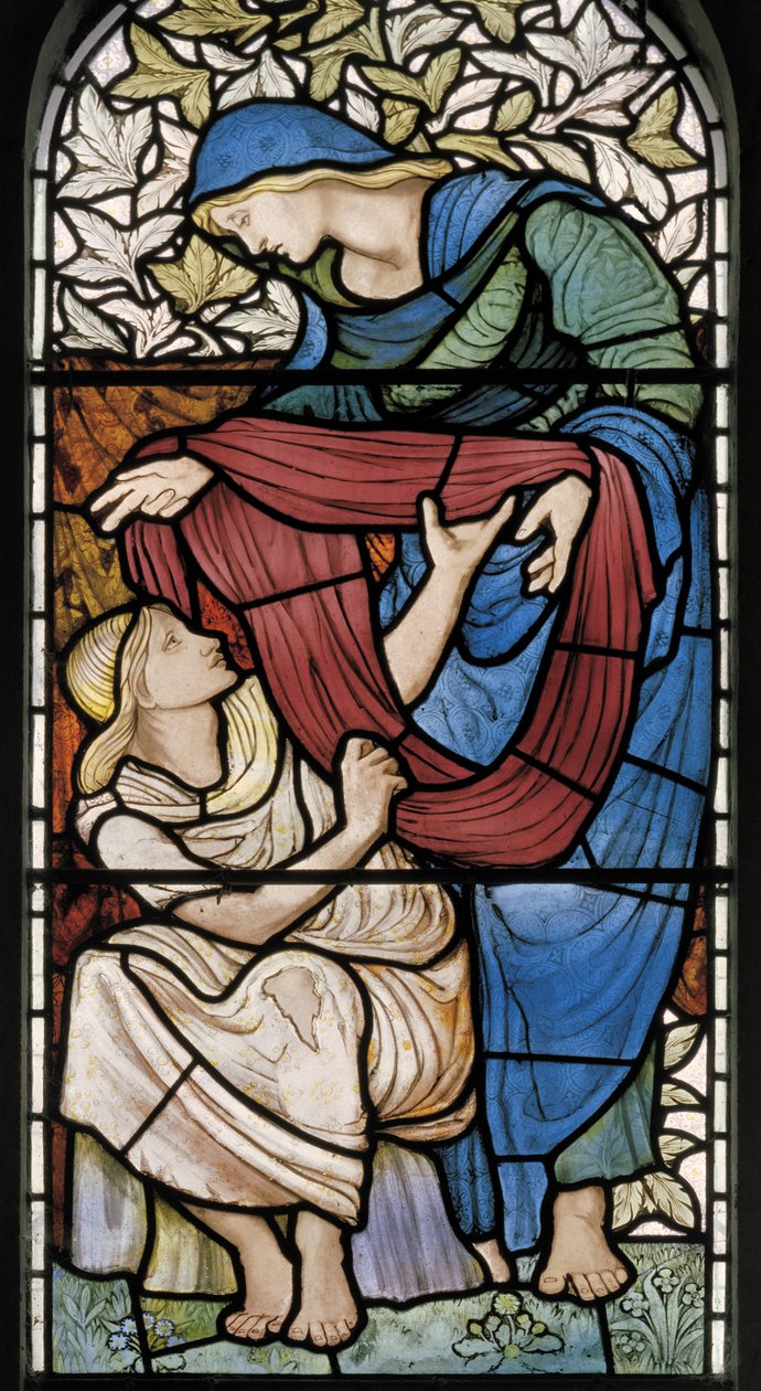 Clothing The Naked, 1877 (målat glas) av Edward Burne Jones