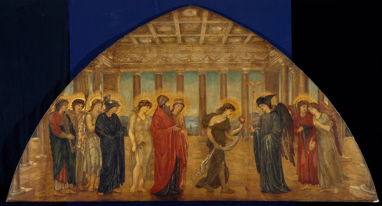 Amor och psyke - Palace Green Murals - Psyche kommer in i Olympus portaler, 1881 av Edward Burne Jones