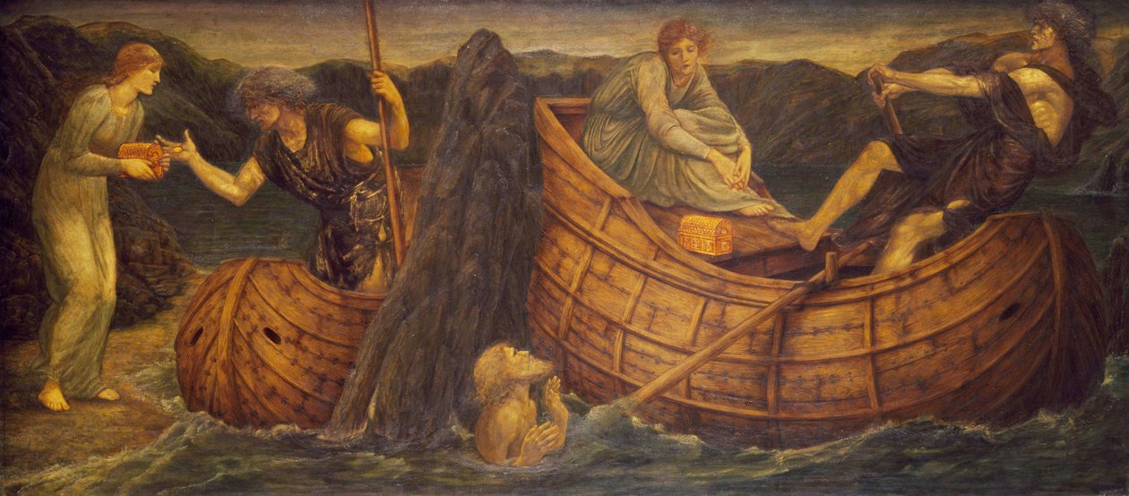Amor och psyke - Palace Green Murals - Psyche ger myntet till färjemannen på Styx, 1881 av Edward Burne Jones