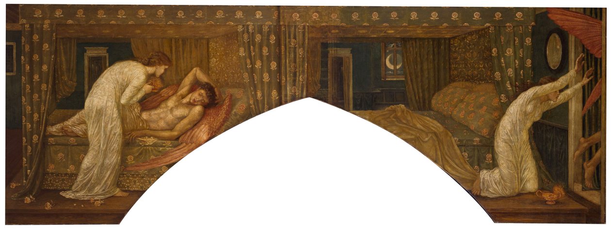Amor och Psyche - Palace Green Murals - Psyche som håller lampan blickar på ansiktet på sovande Amor och Psyche övergivna, 1881 av Edward Burne Jones