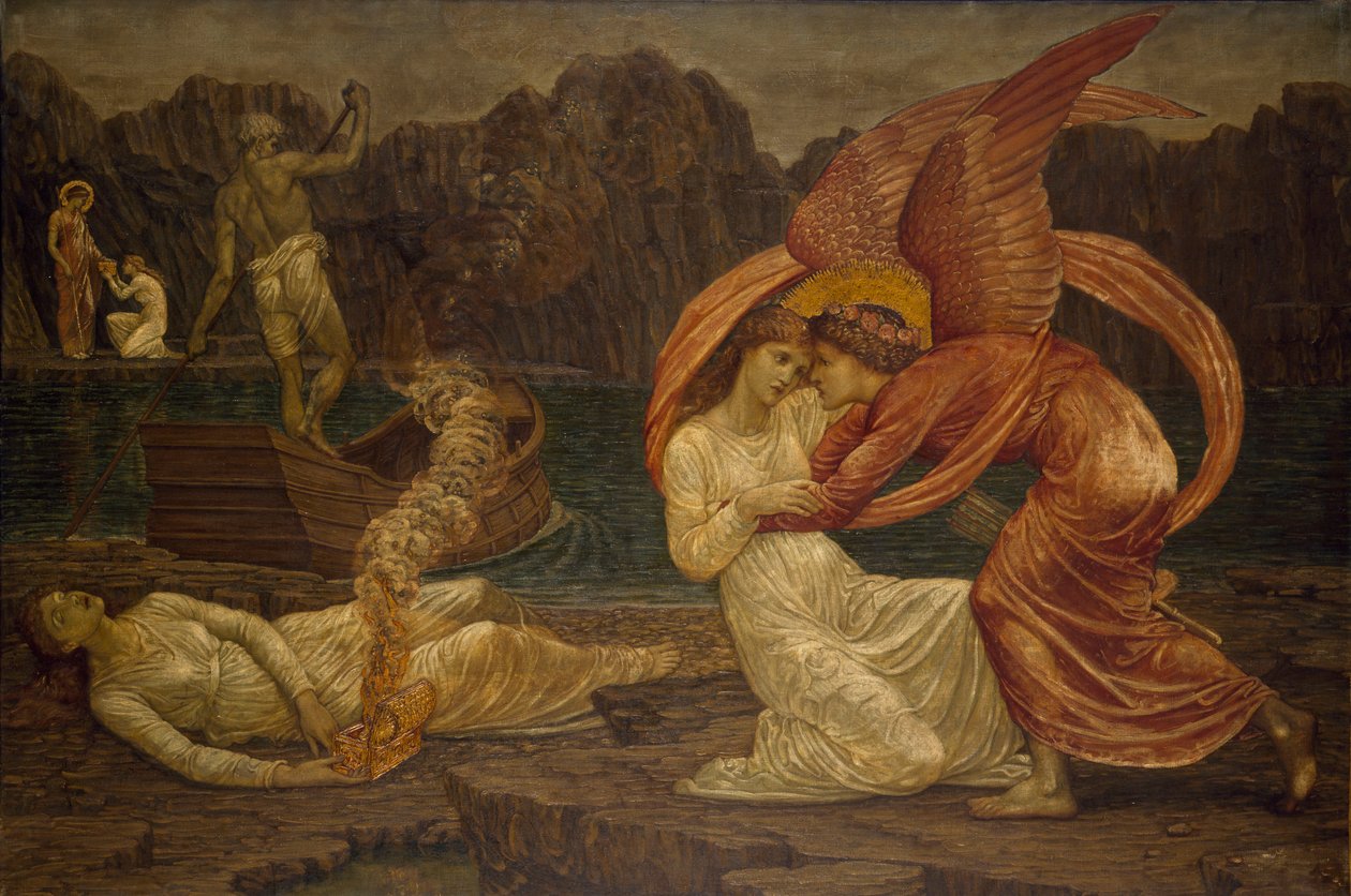 Cupid och Psyche - Palace Green Murals - Psyche tar emot kistan från Proserpine, 1881 av Edward Burne Jones
