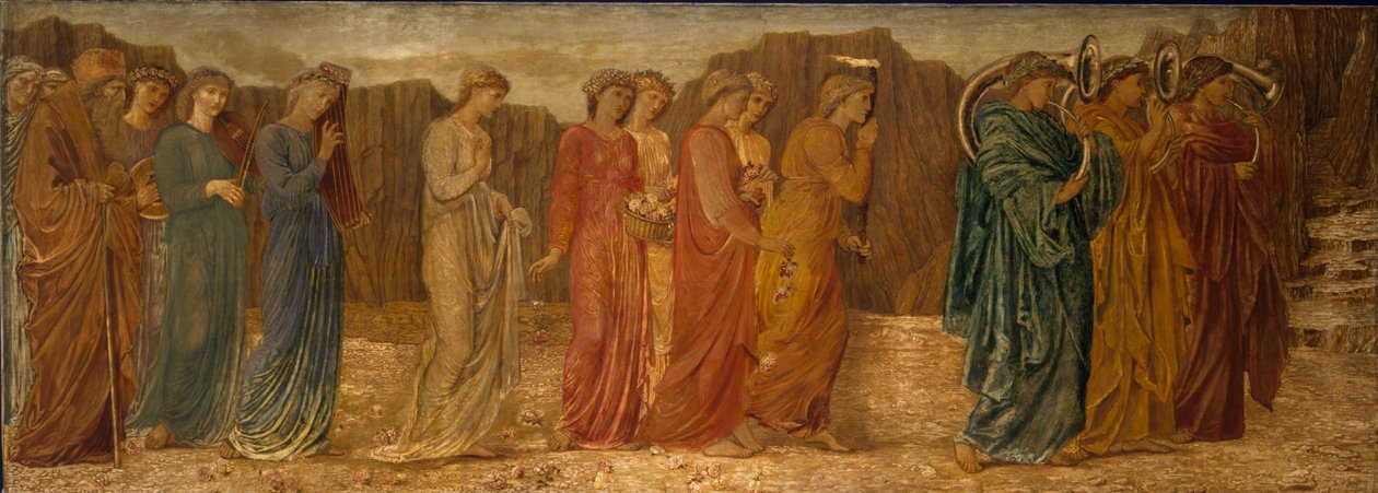 Cupid och Psyche - Palace Green Murals - Kungen och andra sörjande överger Psyche till monstret, 1881 av Edward Burne Jones