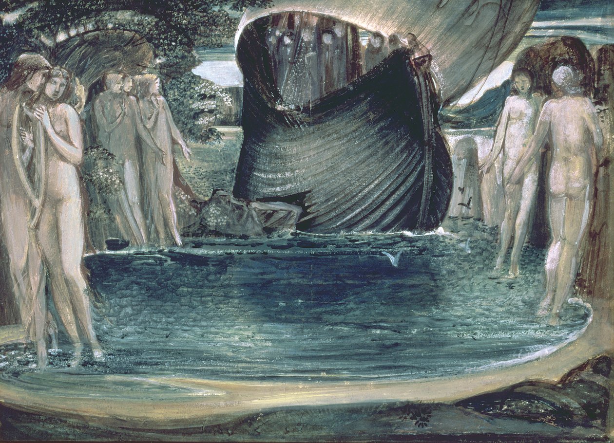 Design för The Sirens, 1890-talet, (wc, gouache och gummi arabicum på papper) av Edward Burne Jones