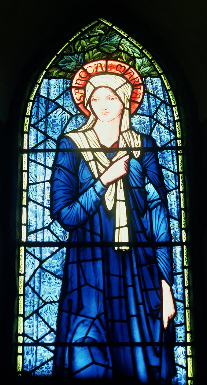 Detalj av Jungfru Maria målat glas av Edward Burne Jones