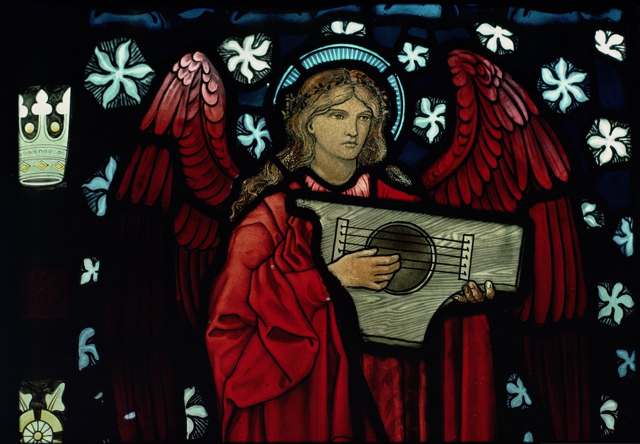 Detalj av ängelmusikern, gjord av William Morris and Co., 1882 målat glas av Edward Burne Jones