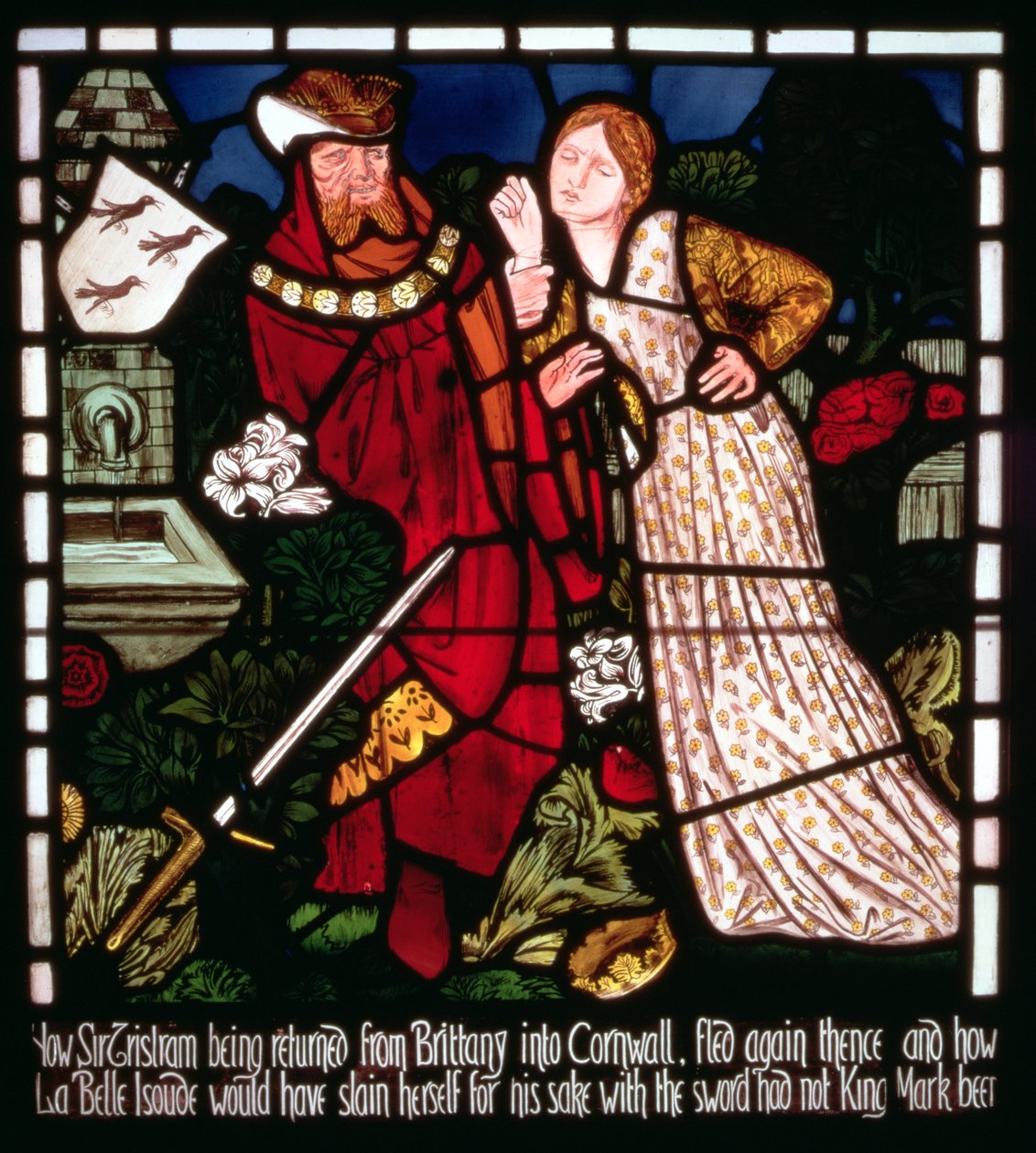 Isolde the Fair försöker ta livet av sig, från "Berättelsen om Tristan och Isolde", William Morris und Co. (målat glas) av Edward Burne Jones