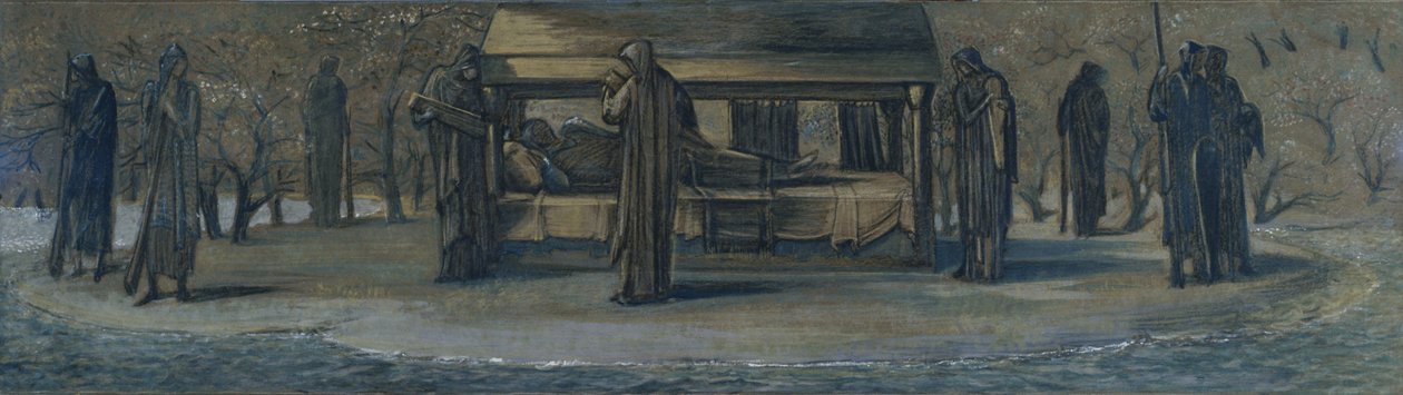 Kung Arthur vid Avalon, ca 1890 (blandteknik på papper) av Edward Coley Burne Jones