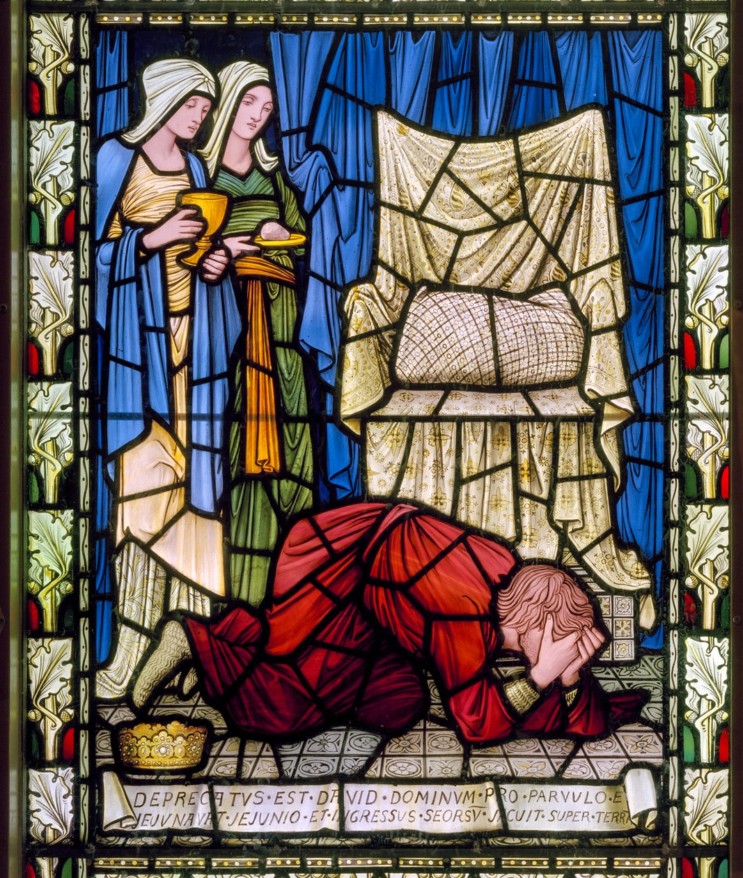 Kung David gråter och ber för sitt sjuka barns liv och accepterar sedan med modighet barnets död, ca 1896 (målat glas) av Edward Burne Jones