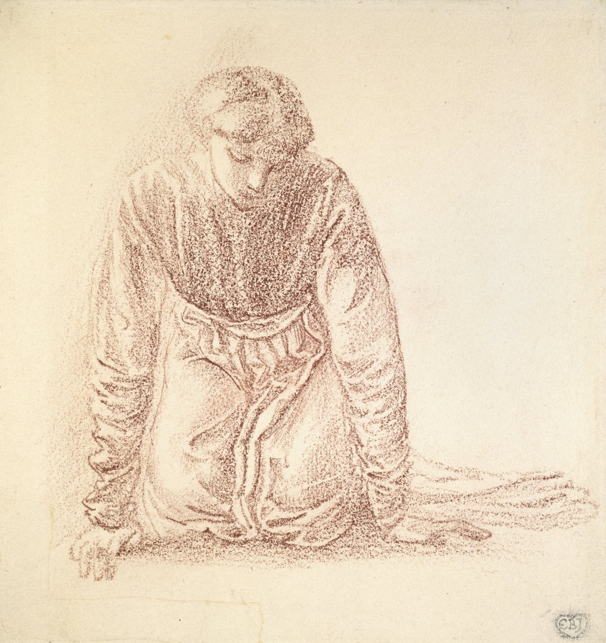 Knästående figur av en kvinna (mörkröd krita på vitt papper) av Edward Burne Jones