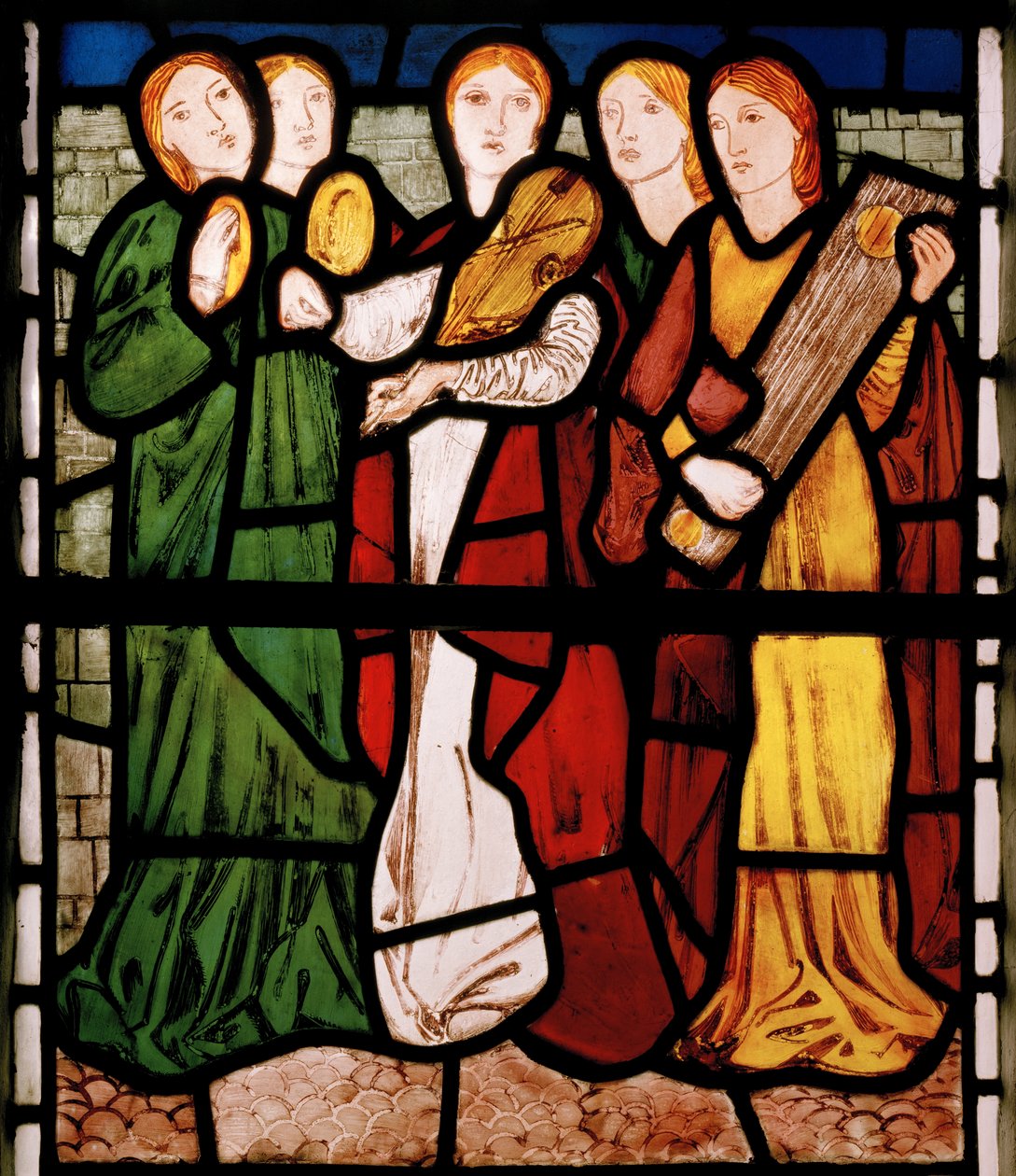 Maiden Musicians, från Song Of Solomon, 1862 (målat glas) av Edward Burne Jones