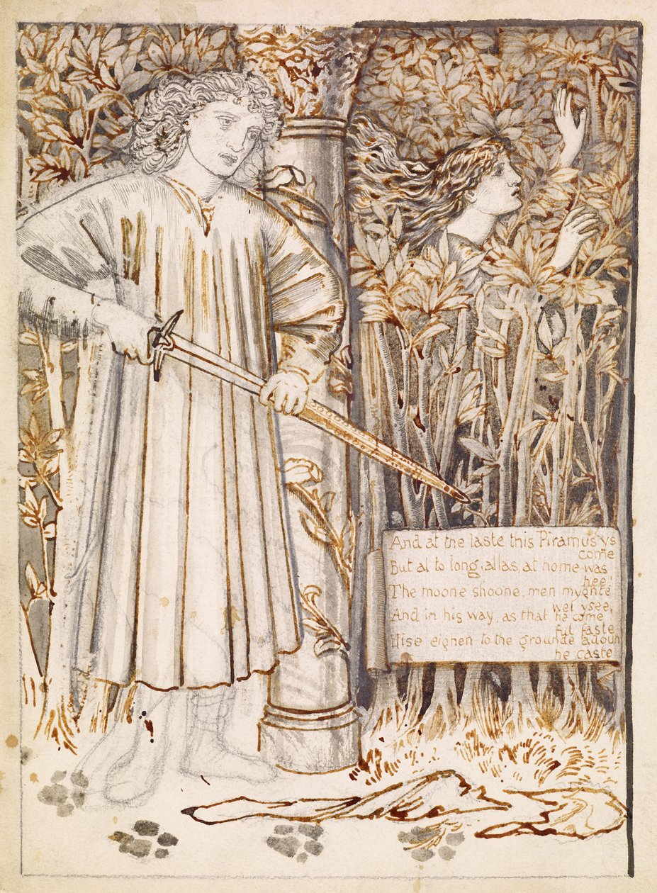 Pyramus och Thisbe - Pyramus drar sitt svärd för att döda sig själv, 1866 av Edward Burne Jones
