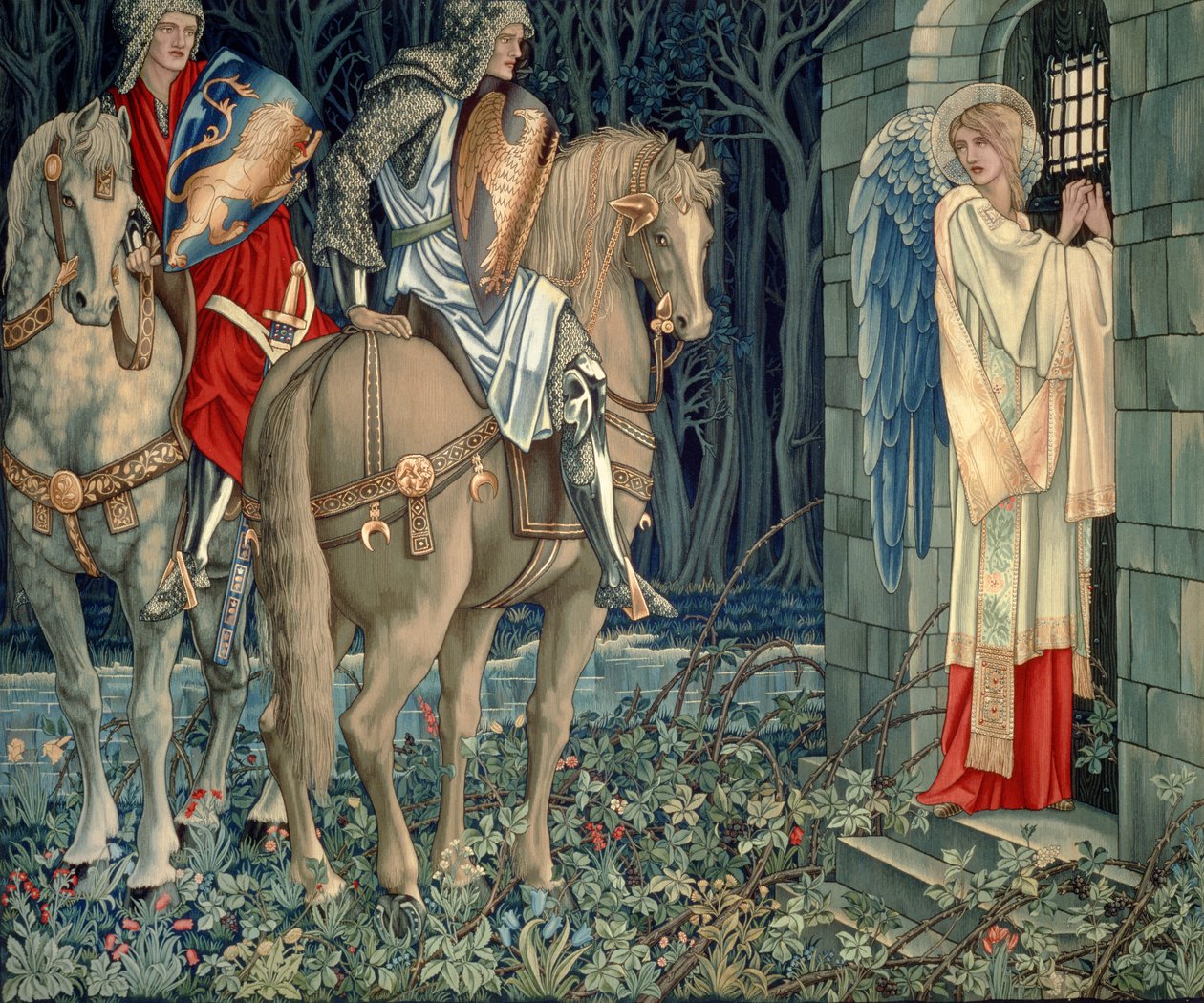 Quest for the Holy Grail Tapestries - Panel 3 - The Failure of Sir Gawaine; Sir Gawaine och Sir Uwaine vid det förstörda kapellet, 1895-96 av Edward Burne Jones