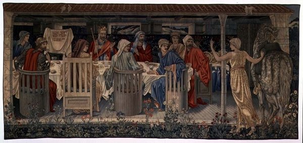 Quest for the Holy Grail Tapestries, Panel 1, Knights of the Round Table kallad to the Quest by the Strange Damsel, 1898-1899 av Edward Burne Jones