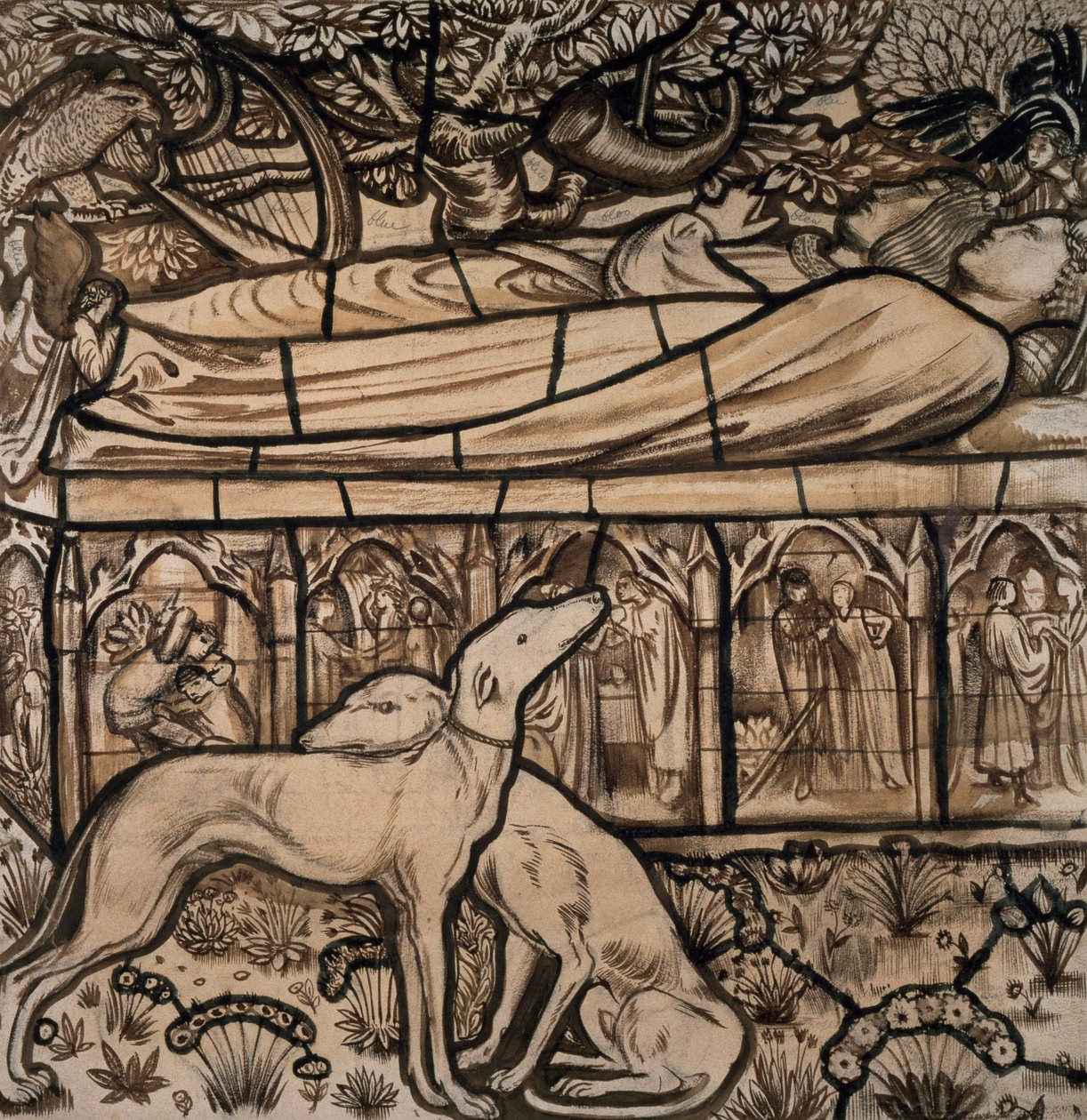 Tristrams och Iseults grav, tecknad serie för målat glas, 1862 av Edward Burne Jones