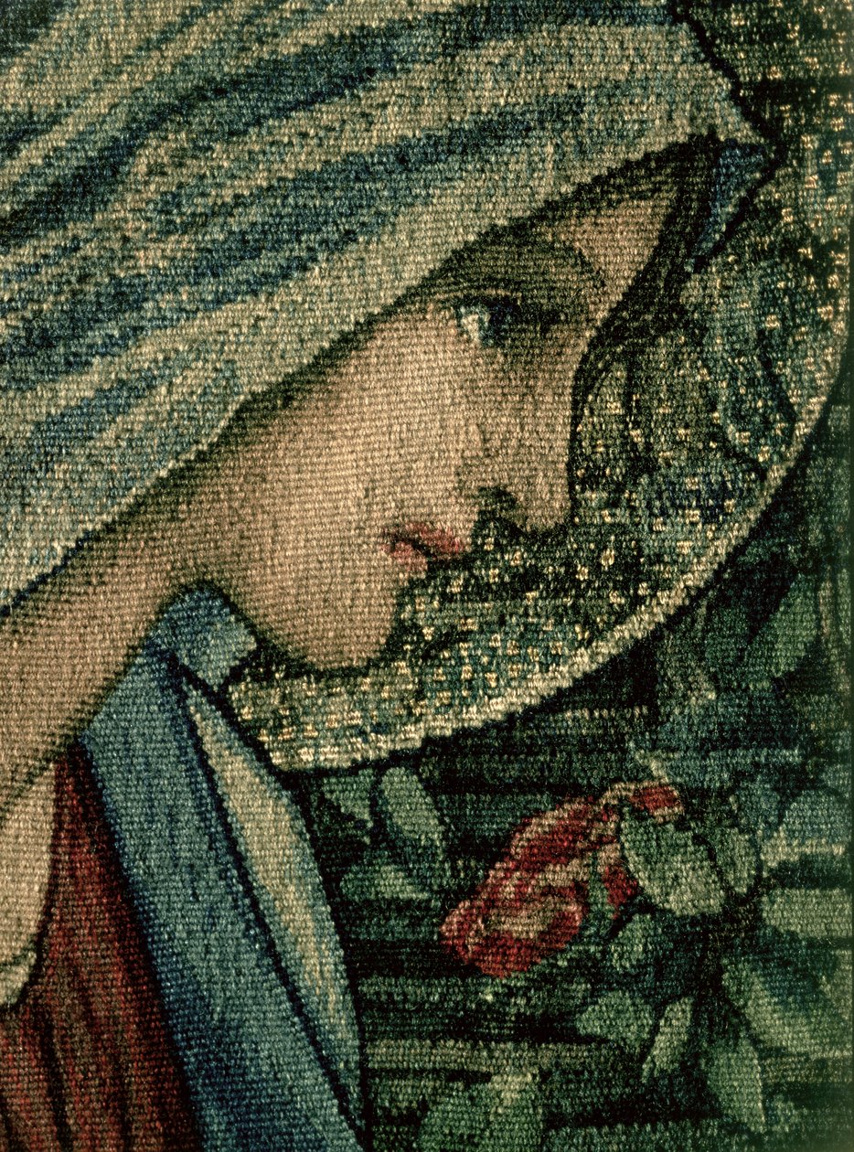 Jungfruns ansikte, detalj från The Adoration of the Magi, gjord av William Morris och Co. Merton Abbey handvävd ulltapetsdetalj av 74333 av Edward Burne Jones