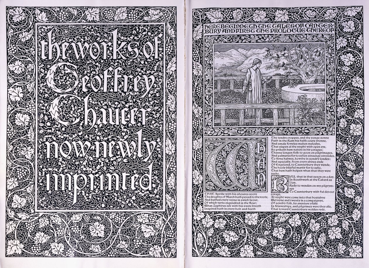 Titelsida och inledande sida från Kelmscott Press-utgåvan av "The Works of Geoffrey Chaucer", 1896 av Edward Burne Jones