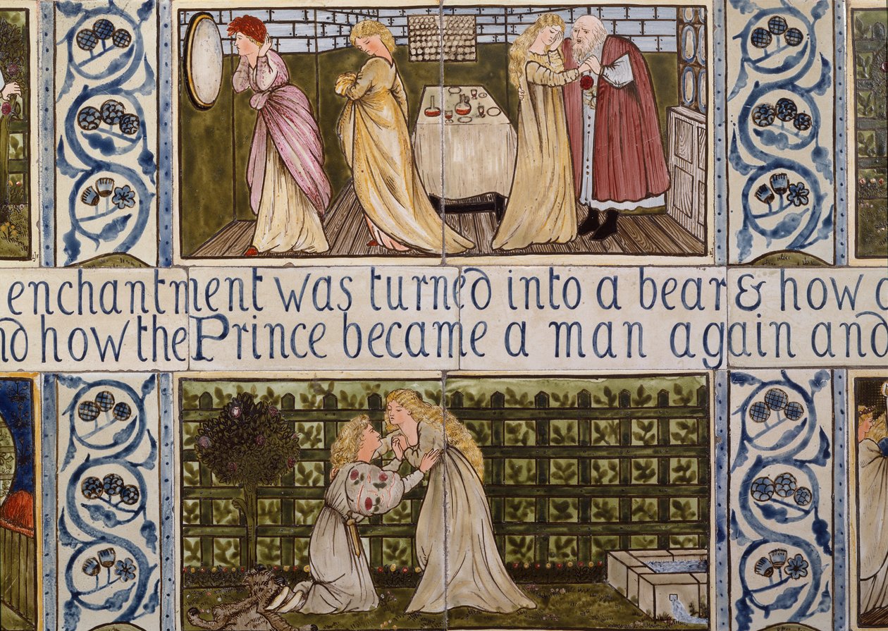 Panel med kakelplattor föreställande sagan om Skönheten och odjuret från Birket Fosters hus i Witley, Surrey, ca 1862 (keramik) av Edward Coley & Morris William (1834-96) Burne-Jones