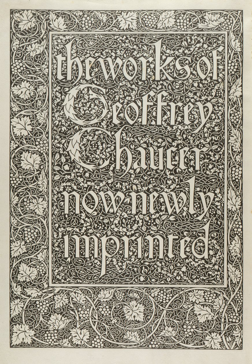 Titelsida, från The Works of Geoffrey Chaucer nu nytryckt, graverad av William Morris (1834-96) 1896 av Edward Coley after Burne Jones