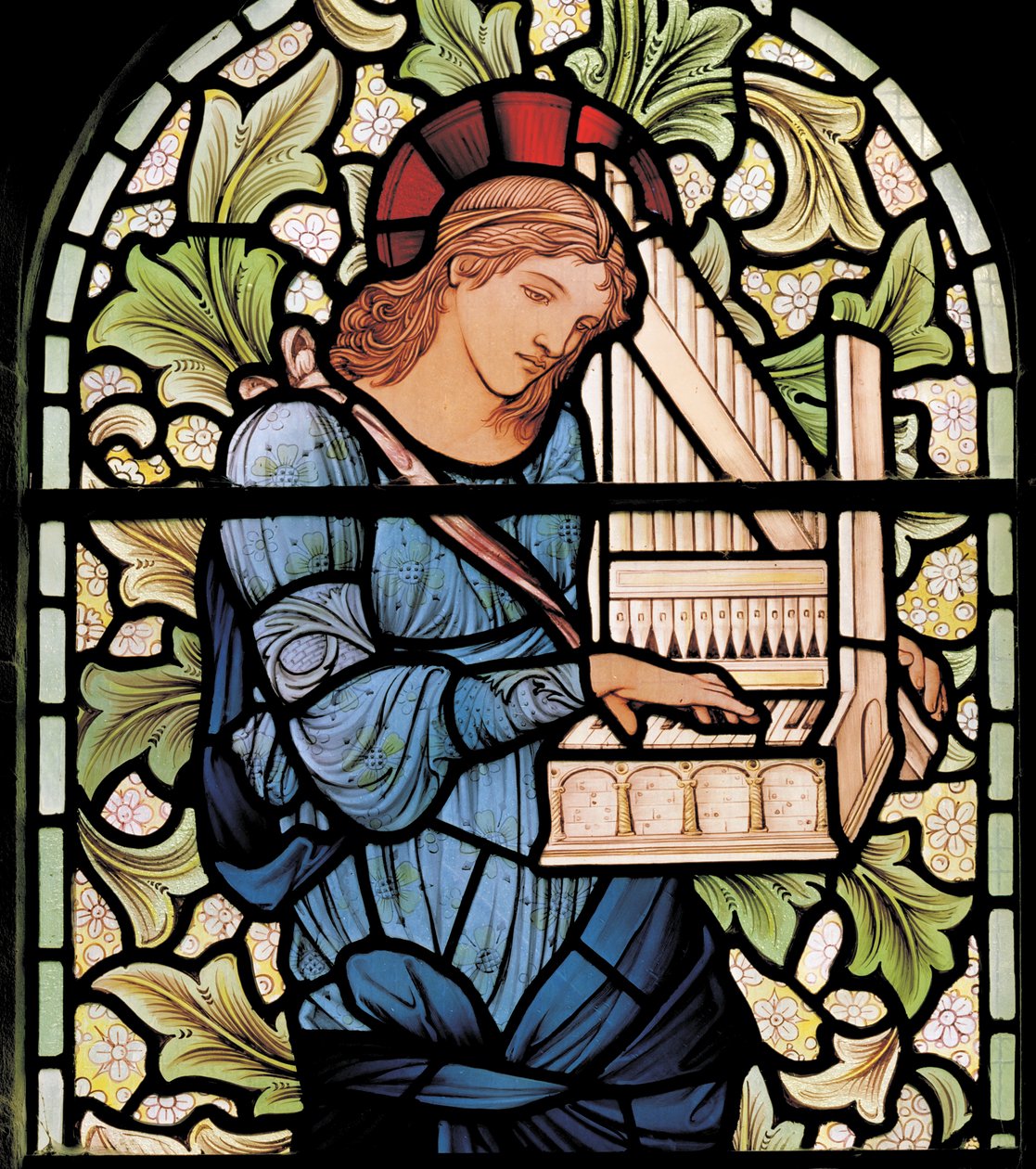 Wilden, All Saints, Morris & Co., Edward Burne-Jones, John Henry Dearle (1859-1932), St Cecilia, detalj, 1902, Louisa, Alfred, The Baldwins, premiärminister, metodist, Worcestershire, Arts & Crafts, R av Edward Coley and Dearle Burne Jones