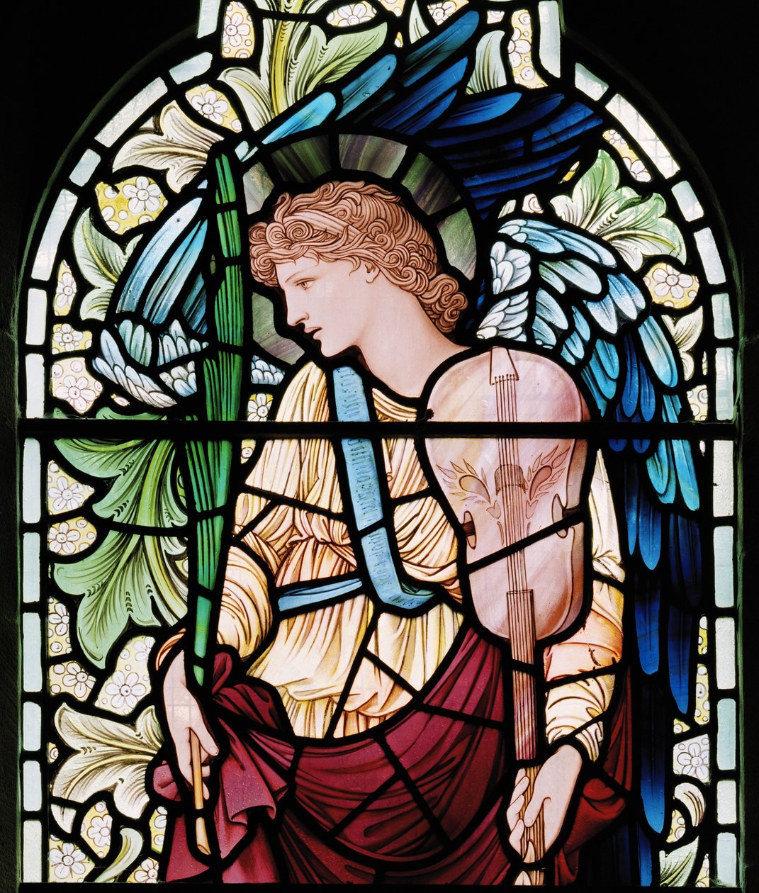 Wilden, All Saints, Morris & Co., Edward Burne-Jones, John Henry Dearle (1859-1932), The Minstrel Angel, Angel Musician, detalj, 1902-1914, Louisa, Alfred, The Baldwins, Premiärminister, Methodist, Wor av Edward Coley and Dearle Burne Jones