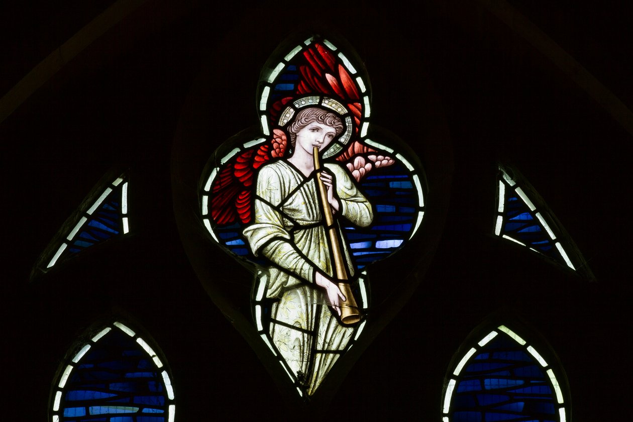 Wilden, All Saints, Morris & Co., Edward Burne-Jones, John Henry Dearle (1859-1932), Tracery Angel, Angel Musicians, 1902-1914, Louisa, Alfred, The Baldwins, premiärminister, metodist, Worcestershire, av Edward Coley and Dearle Burne Jones